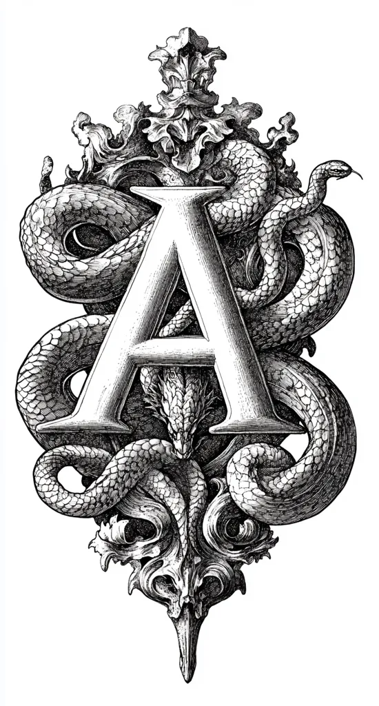 A detailed black and white illustration depicting a large letter "A" formed by a snake wrapped around it. The snake's tail is curled around the letter, while its head is positioned directly below it. The "A" is surrounded by ornate floral embellishments and has a very detailed texture. The image has a dark and intricate style, with a sense of grandeur and mystery.