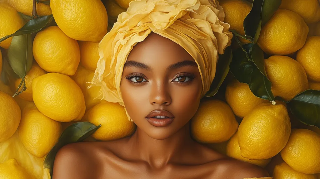 A woman with dark skin and  a yellow headscarf is surrounded by a bed of lemons.  Her eyes are wide open and her lips are painted a rich brown. She stares directly at the camera, her beauty highlighted by the bright yellow fruits surrounding her.  The image is a study in contrast, between the soft features of the woman and the hard, round forms of the lemons.  The yellow of the fruit and scarf creates a warm and inviting backdrop for her portrait.
