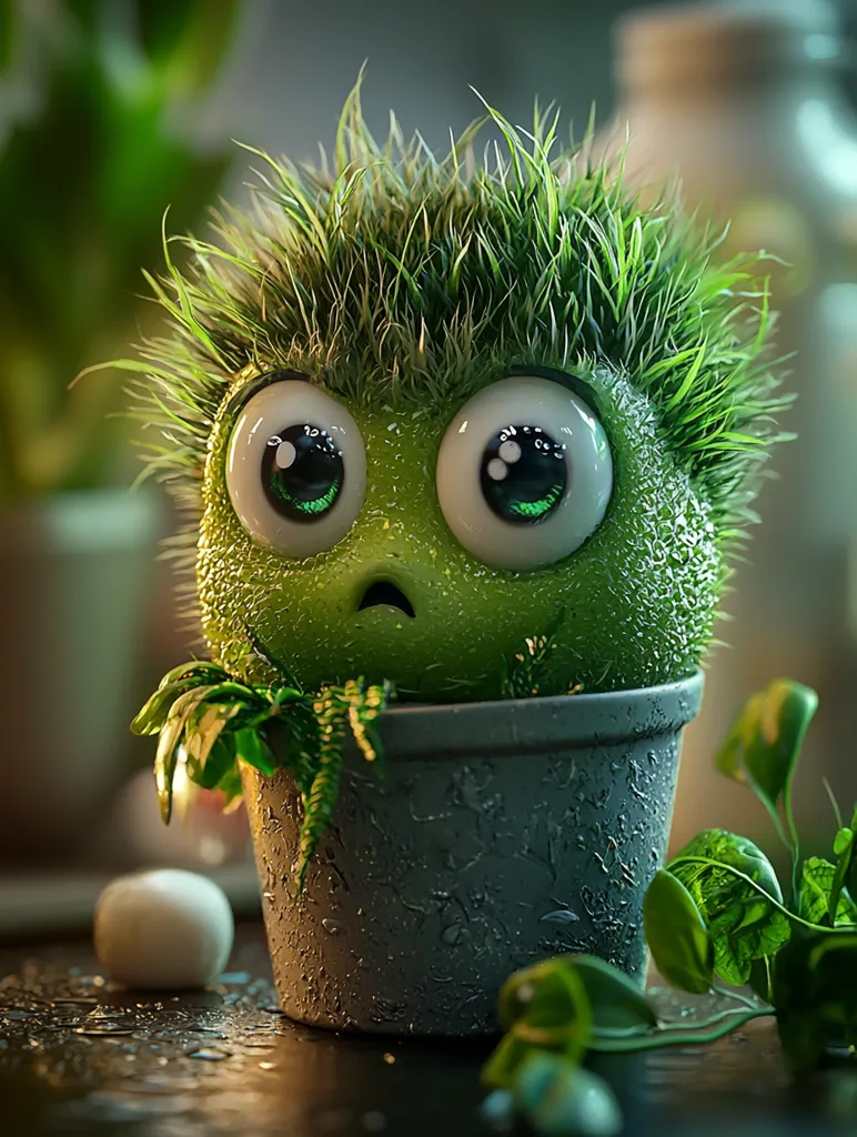 A cute, cartoon-like plant with big, round eyes and a sad expression sits in a grey pot. The plant has a fuzzy green texture and looks like a small, furry creature. Water droplets adorn the pot and the surface beneath it, suggesting a recent watering. The plant is surrounded by other greenery, adding to the overall scene of botanical charm.