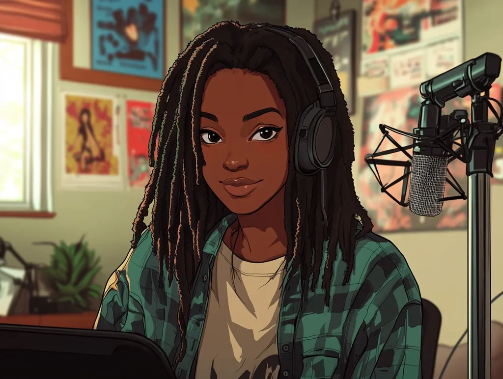 A young woman with long black dreadlocks and a green and black plaid shirt is wearing headphones and looking at something off-screen. She has brown eyes and dark brown skin. A microphone is on a stand behind her, and there are posters on the walls in the background. The image is drawn in a cartoon style.