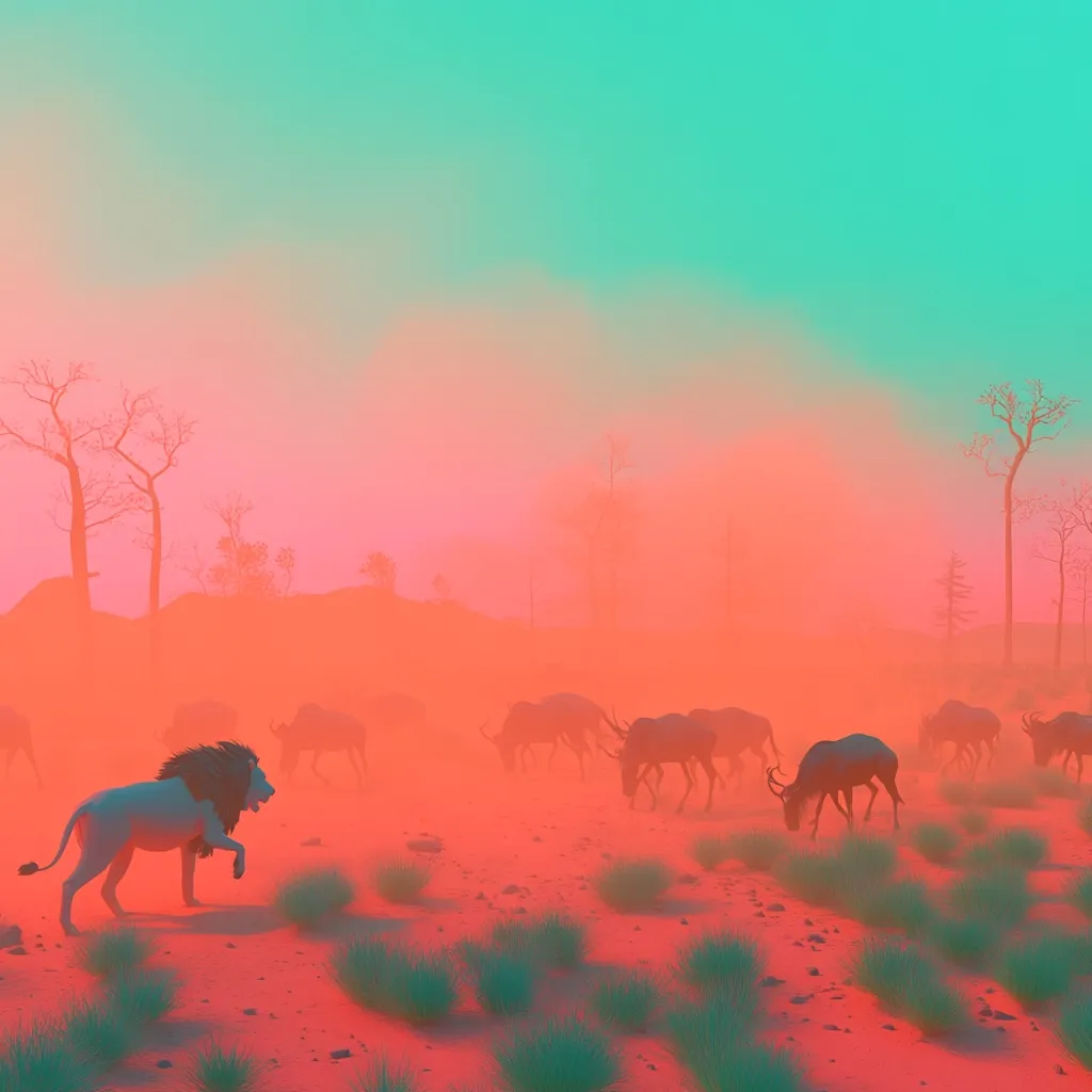 The image depicts a lone, white lion standing in the foreground of a hazy, red-hued savanna landscape. A herd of wildebeest graze in the distance, silhouetted against the soft, pink sky. The scene is bathed in an ethereal, almost dreamlike light, creating a sense of isolation and solitude. The vibrant colors and hazy atmosphere evoke a sense of mystery and wonder.