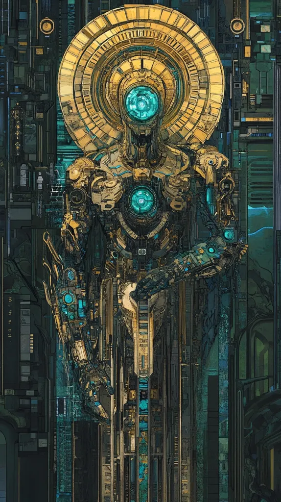 The image depicts a complex, mechanical being standing tall within a futuristic city.  The figure is constructed of intricate, interlocking gears and panels, with glowing turquoise lights emanating from its body.  The architecture of the city is equally intricate, characterized by geometric patterns and a mix of metallic and organic textures.  The overall image suggests a highly advanced and technologically driven world.
