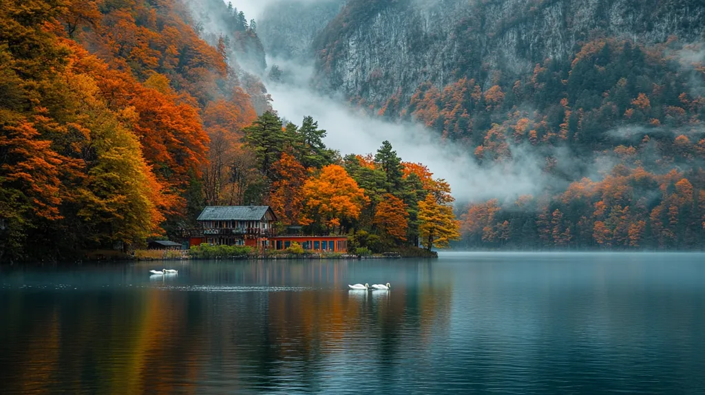 A tranquil lake nestled between misty mountains, the scene bathed in the warm hues of autumn. A small house stands on the shore, its windows reflecting the golden leaves overhead. Two swans glide gracefully across the still water, their white forms a stark contrast against the rich browns and oranges of the surrounding forest. The air is thick with the scent of damp earth and fallen leaves, creating an atmosphere of serenity and peace.