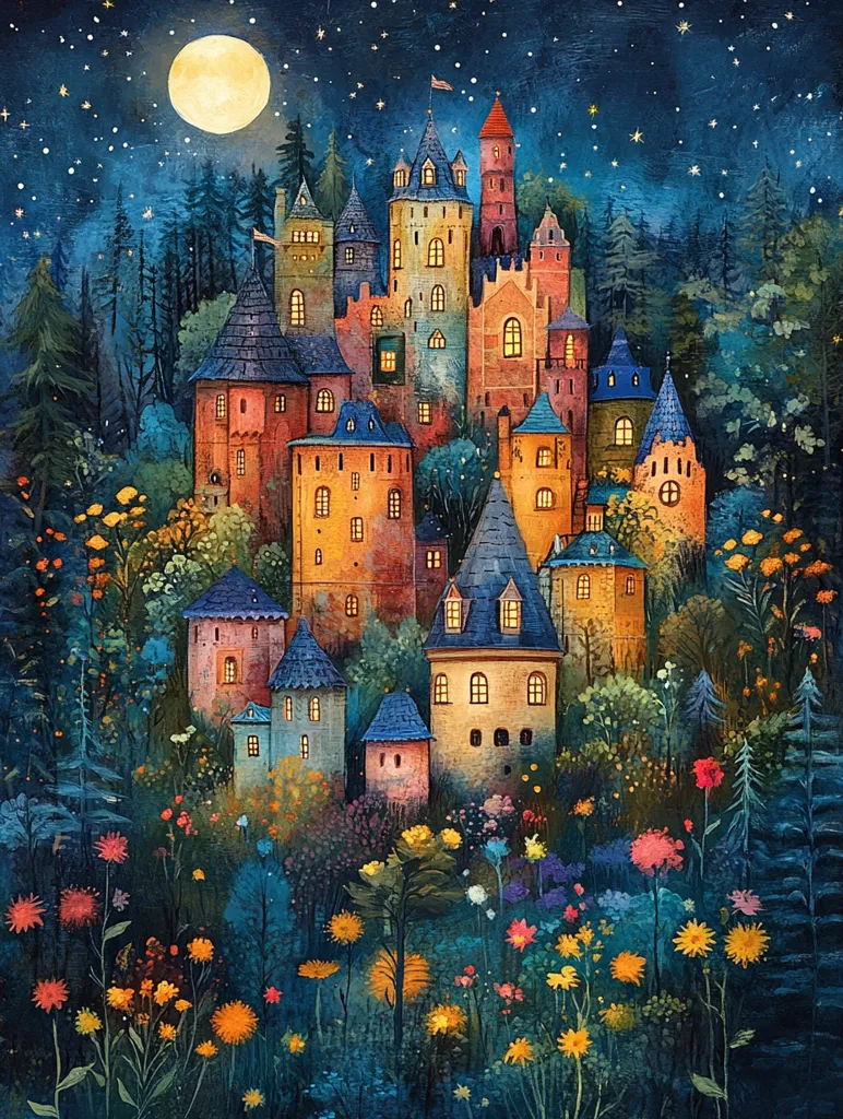 The image is a whimsical painting of a village nestled amongst a lush forest. The houses are brightly colored and have unique architectural details, resembling castles. A large, full moon shines above, casting a warm glow on the scene.  A field of wildflowers in bloom adds vibrancy and life to the picture.  A sky full of stars completes the magical atmosphere.