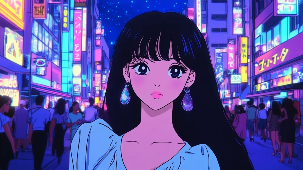 The image is of an anime-style woman with long black hair and large eyes. She is wearing a light blue shirt and earrings. She is standing in front of a brightly lit, neon-filled street. There are many people in the background, making it seem like a bustling city scene. The image has a retro, 80s aesthetic.