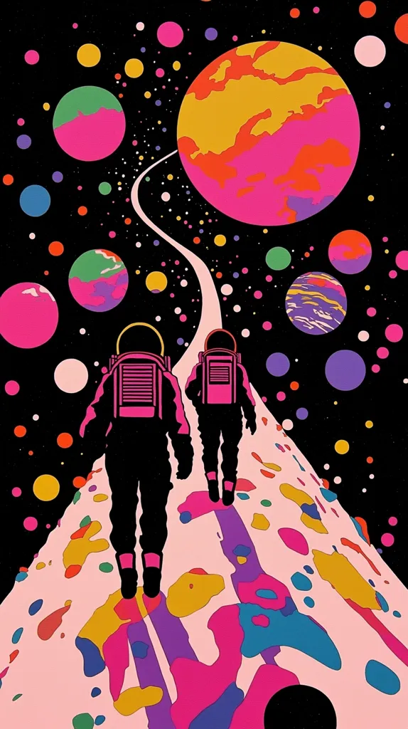 Two astronauts in black space suits with pink accents walk down a path on a pink planet. The path is surrounded by a bright, colorful, starry sky.  There are several planets in the sky, including a large, pink and yellow planet in the upper right corner. The overall tone of the image is playful and whimsical.