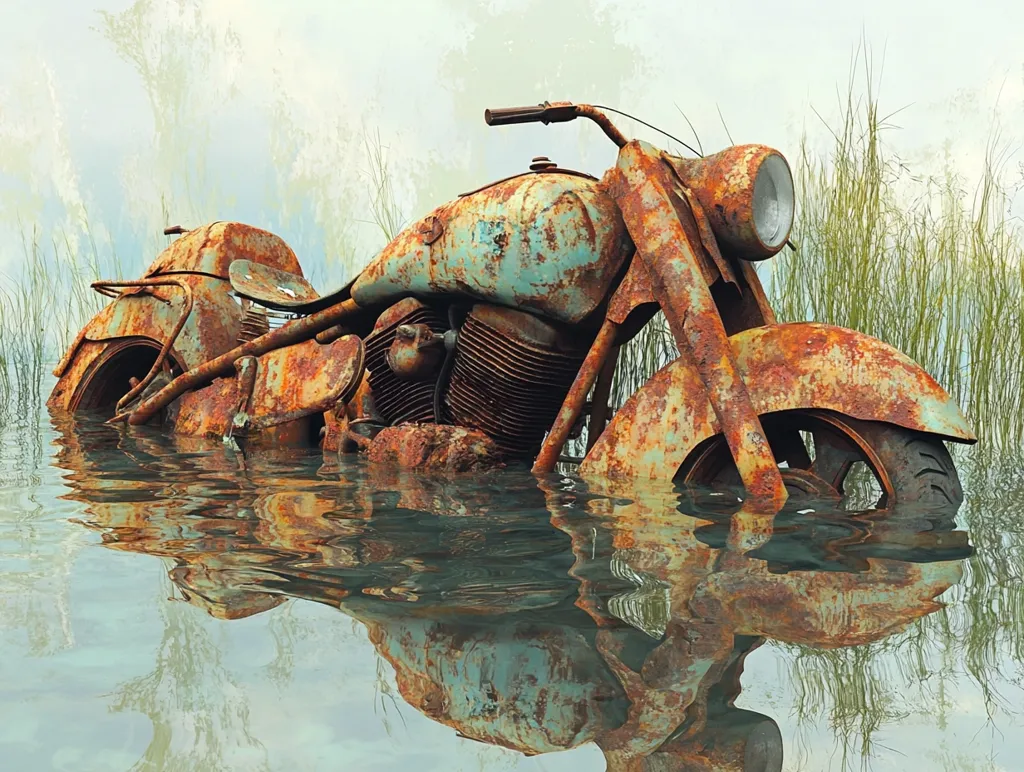 A rusty, old motorcycle lies partially submerged in a murky pond. The bike is covered in rust and has a weathered, worn look. Tall grasses surround the pond, adding to the feeling of neglect and abandonment. The motorcycle's reflection is visible in the water, adding a sense of depth to the image. The scene evokes a sense of time passing and the relentless force of nature.