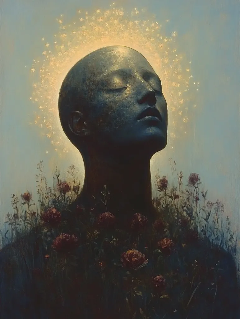 The image depicts a bald-headed figure, their eyes closed and face tilted upwards. They are surrounded by a halo of light emanating from a crown of tiny stars. The figure is positioned against a backdrop of lush green foliage, punctuated by clusters of small, dark-red flowers. The overall effect is serene and ethereal, with the light casting a soft glow on the subject.