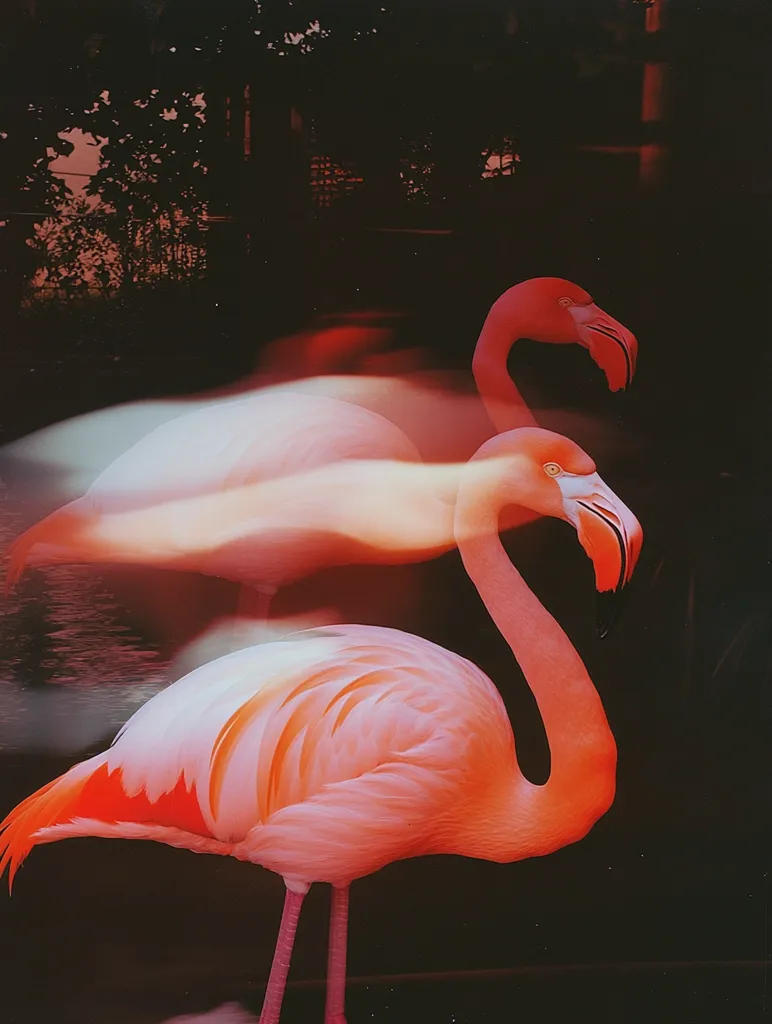 Two flamingos stand in a dark background. The flamingo in the foreground is facing to the left with its head bent towards the water.  The flamingo in the background is out of focus and  appears to be moving, creating a motion blur effect. Both flamingos are pink with white feathers on their wings. The dark background highlights the vibrant colors of the flamingos.