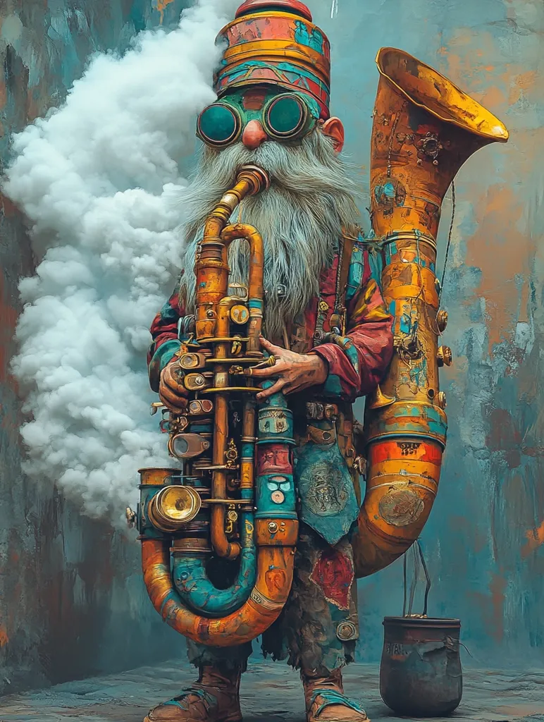 A whimsical, anthropomorphic creature, resembling a gnome, with a long white beard and goggles, plays a giant, intricately designed, steampunk saxophone. The creature is dressed in colorful, patched clothing, and stands in front of a textured, blue wall with a cloud of smoke rising from the instrument.  A small, metallic pot sits on the ground next to the creature. The artwork is filled with vibrant colors and intricate details, creating a fantastical and whimsical atmosphere.