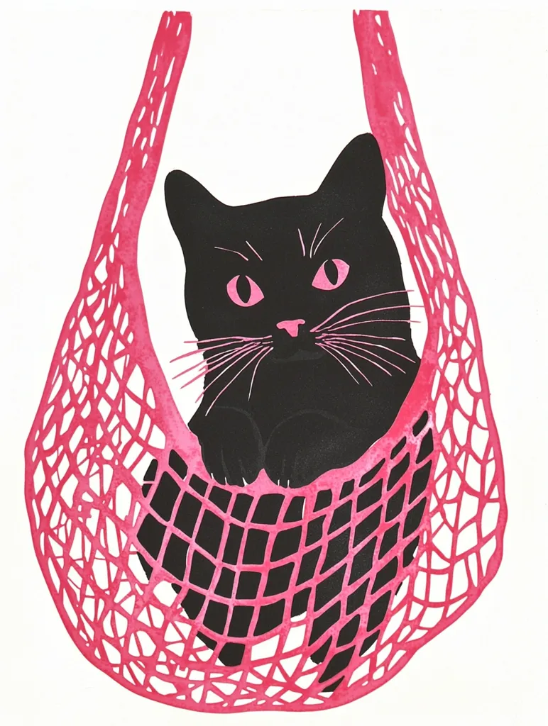 The illustration depicts a black cat nestled inside a bright pink string bag. The cat's large eyes and whiskers are prominent, suggesting a playful and mischievous personality. The bold colors and simple lines create a whimsical and stylized image, reminiscent of a child's drawing. The cat's relaxed posture within the bag suggests comfort and contentment.  The image evokes a sense of warmth and playfulness.