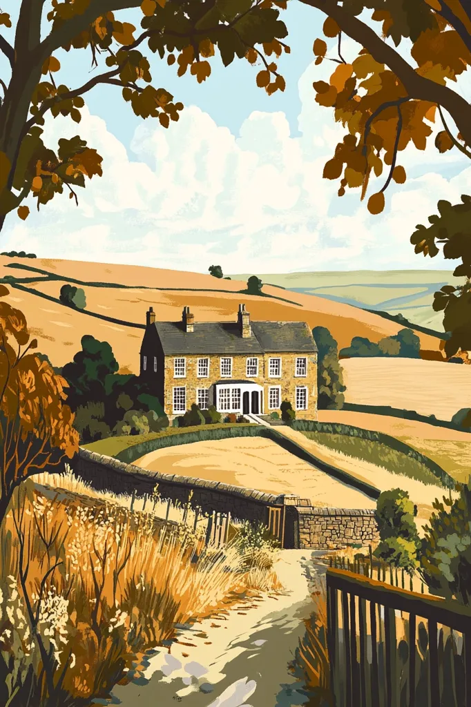 The image is a picturesque depiction of a quaint stone house nestled amidst rolling hills. The house, adorned with white windows and a black roof, stands proudly on a grassy knoll. A winding path leads up to the house, framed by a stone wall and a wooden gate. The scene is bathed in warm sunlight, casting long shadows across the landscape. The sky is a canvas of fluffy white clouds, adding to the serene atmosphere. The surrounding fields are a vibrant yellow-green, hinting at a bountiful harvest. The overall impression is one of tranquility and rustic charm.