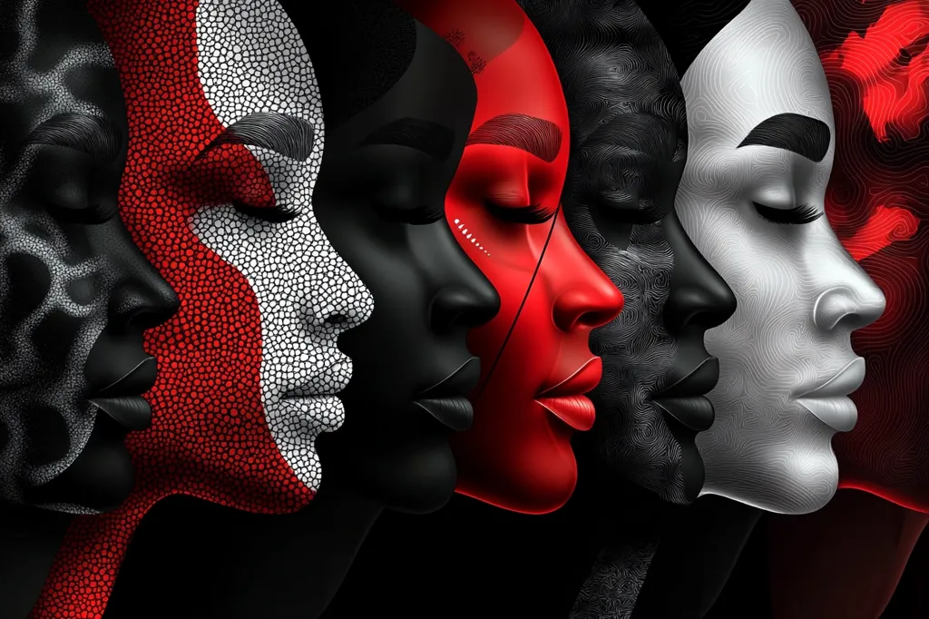 The image shows five women's faces, each with a distinct skin tone and intricate patterns. The colors are bold and striking, with red, black, and white dominating the composition. The women's eyes are closed, and their faces are arranged in a row, suggesting a sense of unity and shared experience. The intricate patterns on their faces add a layer of depth and complexity to the artwork. The overall effect is powerful and evocative, celebrating diversity and beauty.