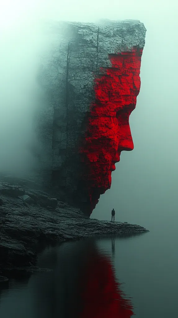 A lone figure stands on a rocky shore, gazing up at a towering cliff face. The cliff is partially illuminated with a bright red hue, forming the shape of a giant face. The scene is shrouded in fog, giving it an eerie and dreamlike quality. The reflection of the cliff in the still water below adds to the otherworldly atmosphere.