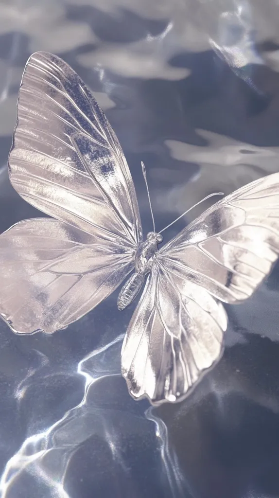 A delicate, silver butterfly with translucent wings rests on a shimmering, blue surface. The butterfly's wings are intricately detailed, catching the light in a subtle, ethereal way. The background is a soft, cool blue, creating a peaceful and dreamy atmosphere. The image evokes a sense of beauty, tranquility, and delicate fragility.