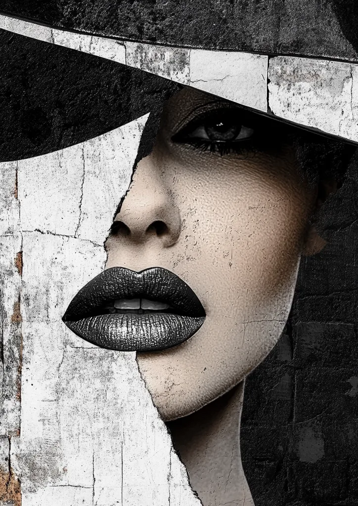 A close-up portrait of a woman's face, partially obscured by a torn piece of black and white paper. The woman has dark, sultry eyes, and her lips are painted a bold black. Her face is juxtaposed against the textured paper, creating a sense of mystery and intrigue.