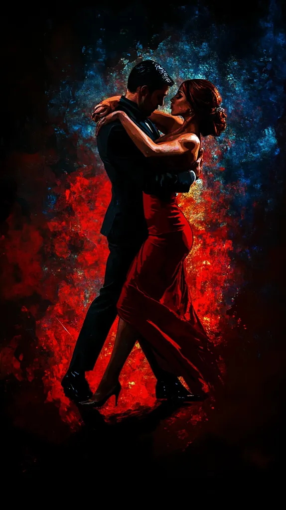 A man and woman are dancing in a passionate embrace. The woman wears a red dress and the man a black suit. They are illuminated by a red and blue light. The background is a dark abstract design, likely representing the couple's emotions. They appear to be lost in the moment, and their bodies are intertwined. The image portrays love, intimacy, and the joy of dance.