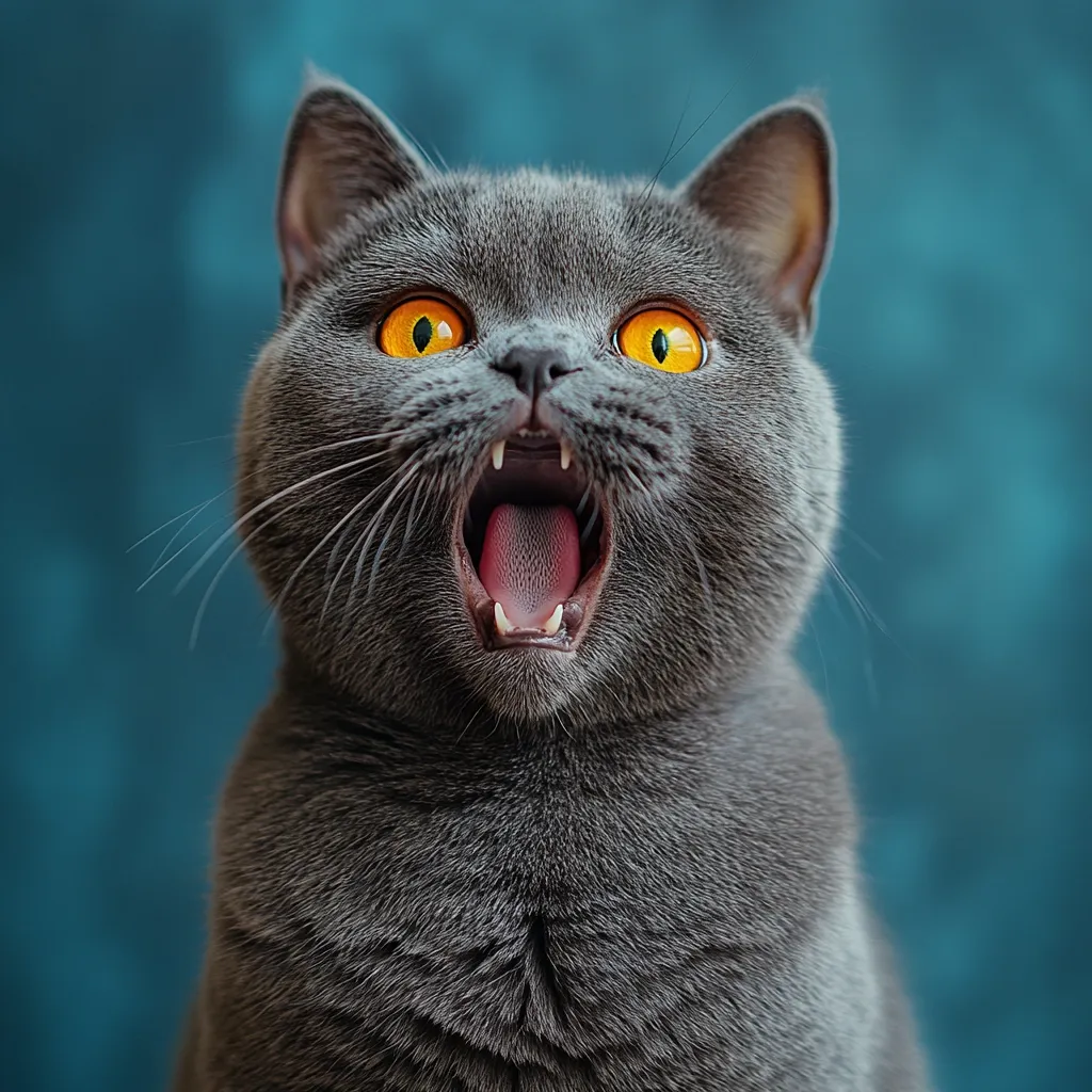 A gray cat with bright yellow eyes is staring directly at the camera.  The cat has its mouth wide open, as if it is yelling. The background is a blurry blue, giving the cat a sense of being in the spotlight.  The cat's facial expression is one of surprise and alarm.  It's fur is soft and fluffy.  The cat's whiskers are long and thin,  and they stick out from the sides of its face.