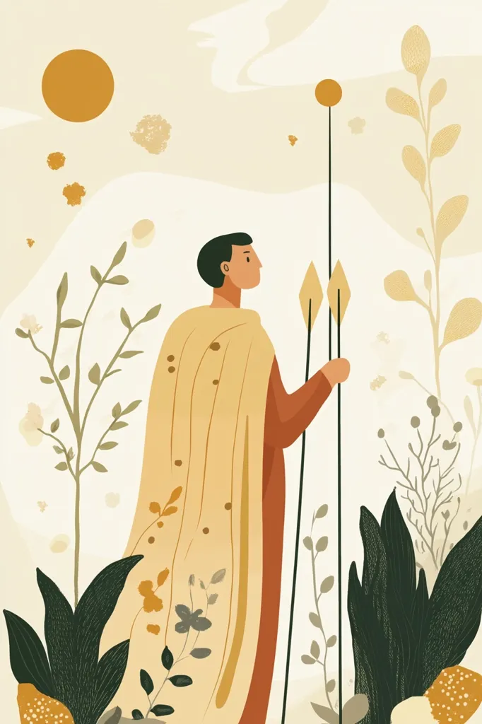 The image depicts a stylized figure standing in a forest setting. The figure is dressed in a flowing yellow robe, with a brown undergarment and a spear in each hand. The figure looks up, with a peaceful expression on their face. The forest is depicted with soft, abstract forms of plants and flowers in shades of green, brown, and yellow. The background is a pale yellow, with hints of orange and brown. The overall feel is tranquil and serene.