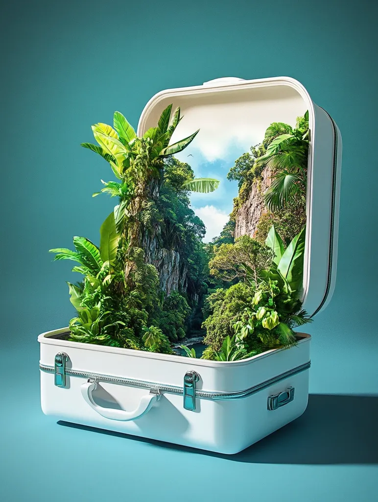 A white suitcase sits open on a blue background. Inside, a lush jungle scene unfolds. The suitcase acts as a window into a vibrant tropical paradise, showcasing lush greenery, towering cliffs, and a serene river. The scene evokes a sense of adventure and escape. The suitcase and its contents are a powerful visual metaphor for the journey of travel and the transformative experiences it offers.