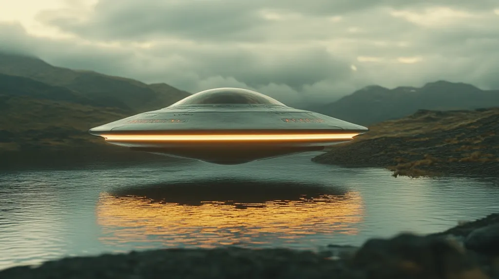 A large, silver UFO hovers above a calm body of water. The UFO is illuminated with a bright, yellow light that reflects off the water's surface. The background features rolling hills and a cloudy sky, giving the image a sense of mystery and otherworldliness.
