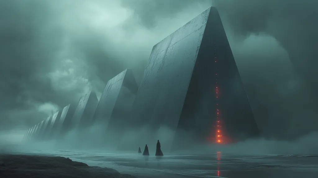 A line of tall, imposing structures with triangular faces rises from a misty, desolate landscape.  The structures are seemingly made of concrete or stone and appear to be ancient and abandoned.  Three figures in black robes walk toward a glowing red light emanating from the largest structure, creating a sense of mystery and intrigue.