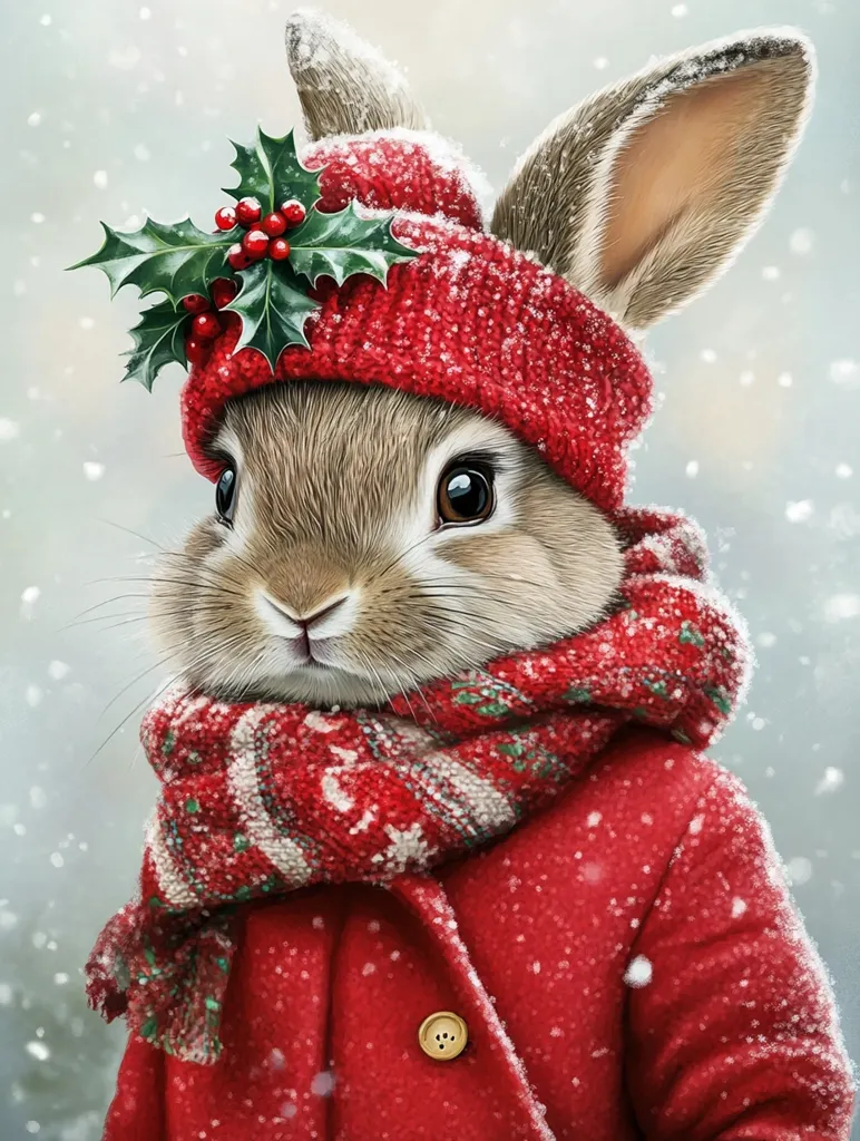 A cute bunny is dressed in a red knitted hat adorned with holly, a matching red scarf, and a red coat, standing in a snowy winter scene. Snowflakes fall around it, creating a festive and cozy atmosphere. The bunny's brown fur and big brown eyes add to its charm. The image captures the essence of winter and the holiday season.