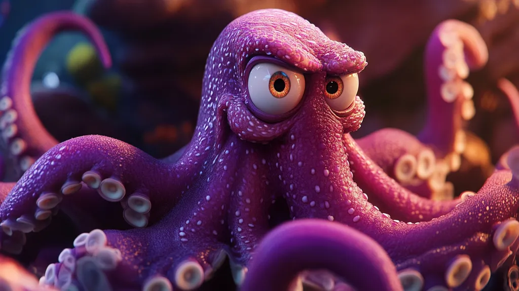 A close-up shot of a purple octopus with large, expressive eyes.  The octopus has a cartoonish look and appears to be slightly annoyed. It's textured skin and suction cups are in sharp focus, highlighting the details of its body. The background is blurred, making the octopus the central focus of the image.  The lighting adds a warm glow to the octopus, making it even more vibrant.  The image captures the octopus's unique appearance and personality.