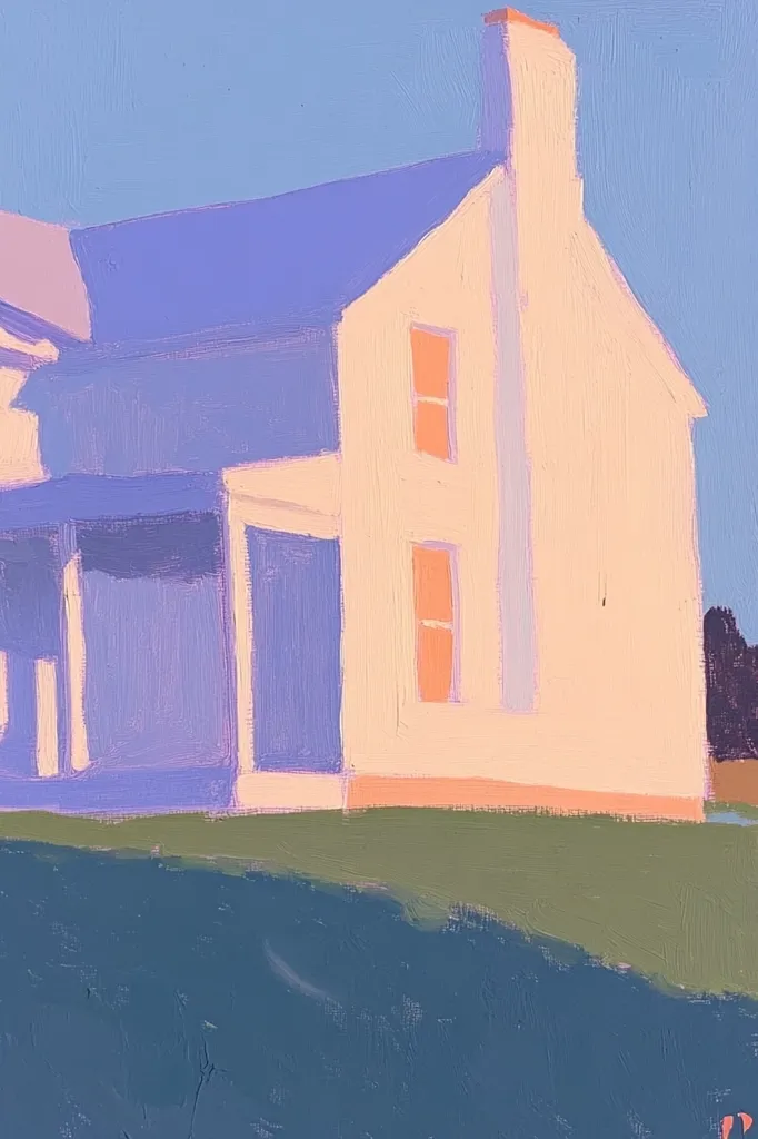 The painting depicts a house with a large porch and a tall chimney. The house is painted in soft, pastel colors, with a light pink body, a purple roof, and orange windows. The porch is shaded in a deeper purple, and the background is a soft blue sky. The house is surrounded by a green grassy area, with a darker blue foreground. The painting has a simple and stylized aesthetic, with brushstrokes visible throughout. The overall mood is calm and peaceful.