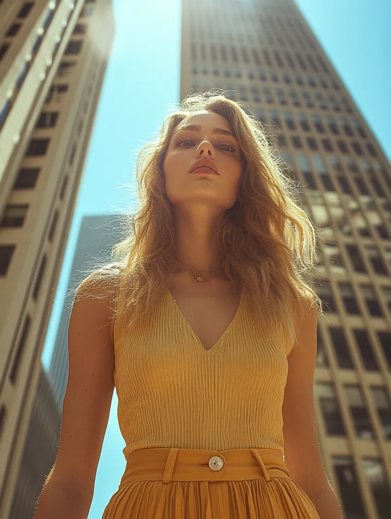 A young woman with long blonde hair, wearing a yellow sleeveless top and a matching pleated skirt, looks up at tall buildings behind her. The sun shines brightly, casting a warm glow on the scene. The image captures a moment of simple elegance and summery style.