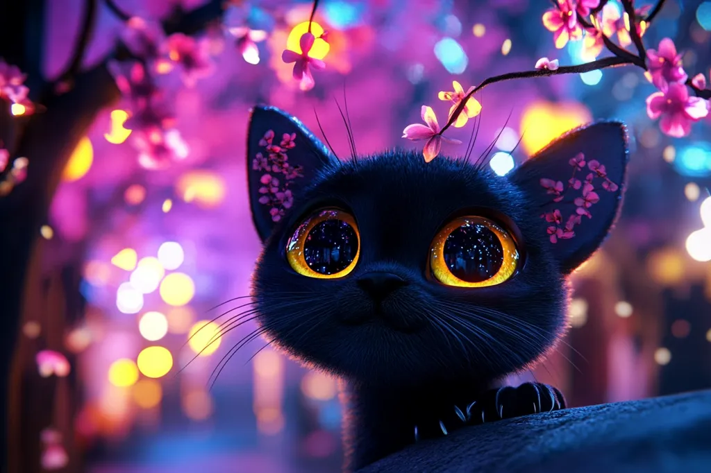 A black cat with large, golden eyes and a sweet expression looks up at the camera. Its fur is soft and shiny, and it has a few pink flowers on its head. The background is a blur of purples and blues, with bokeh lights that give the image a dreamy quality.  The cat looks curious and happy in a magical setting.