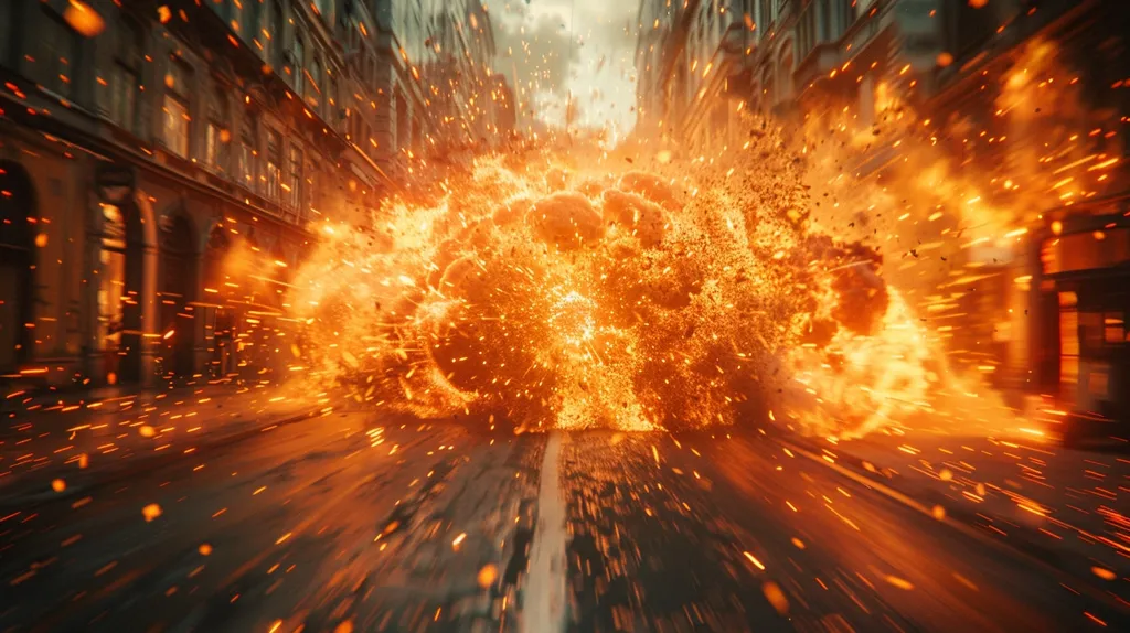 A massive fiery explosion fills the frame, engulfing a city street. The intense flames and debris shoot outwards, creating a chaotic and dangerous scene. The buildings lining the street are obscured by the fire, highlighting the immense power of the blast. The image evokes a sense of destruction and chaos, leaving a lasting impact.