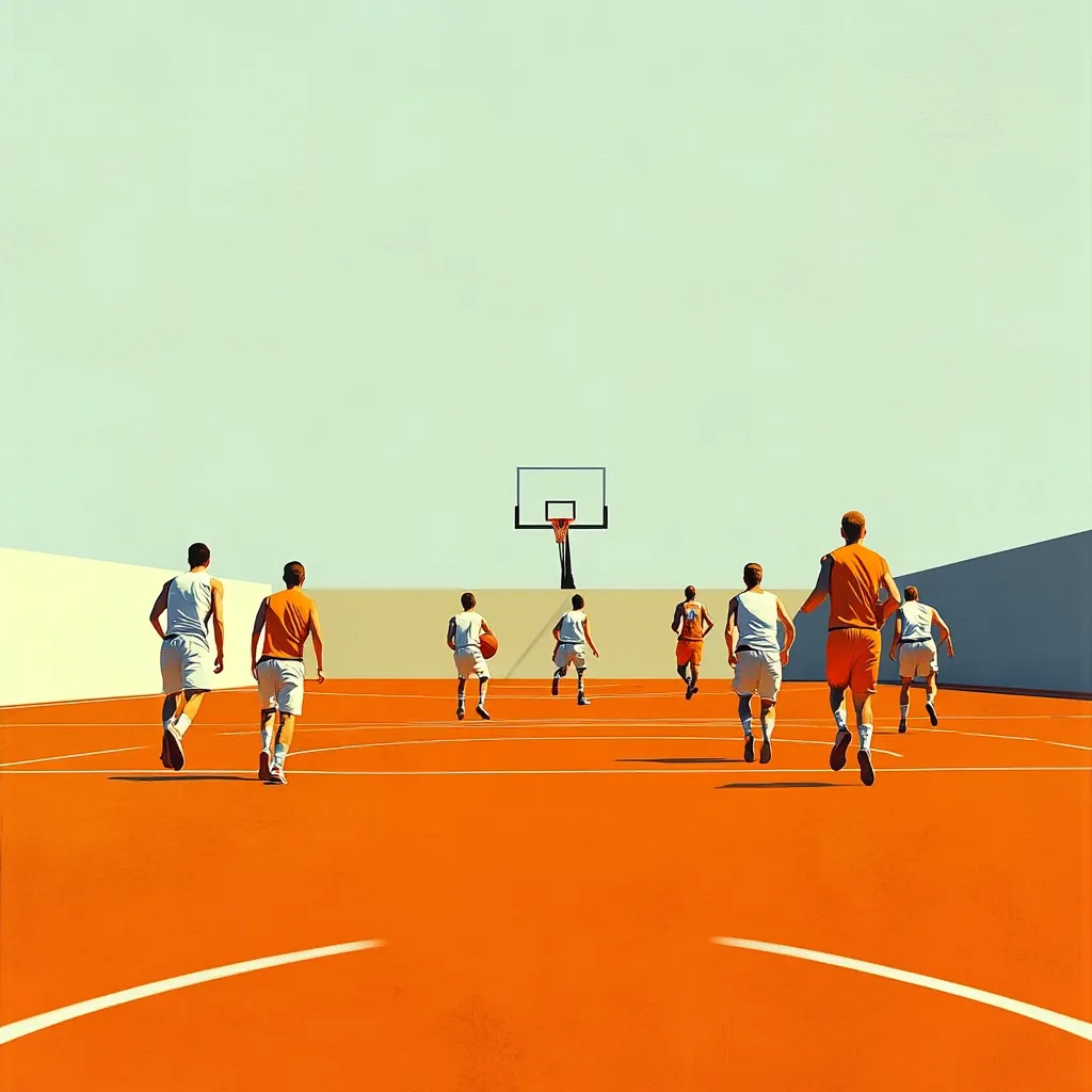 A group of seven basketball players, all wearing jerseys and shorts, are running down the court towards a basketball hoop in the distance. The court is an orange-red color, and the players are all facing away from the viewer. The background is a clear, light blue sky. The image is simple, but it captures the energy and excitement of a basketball game.