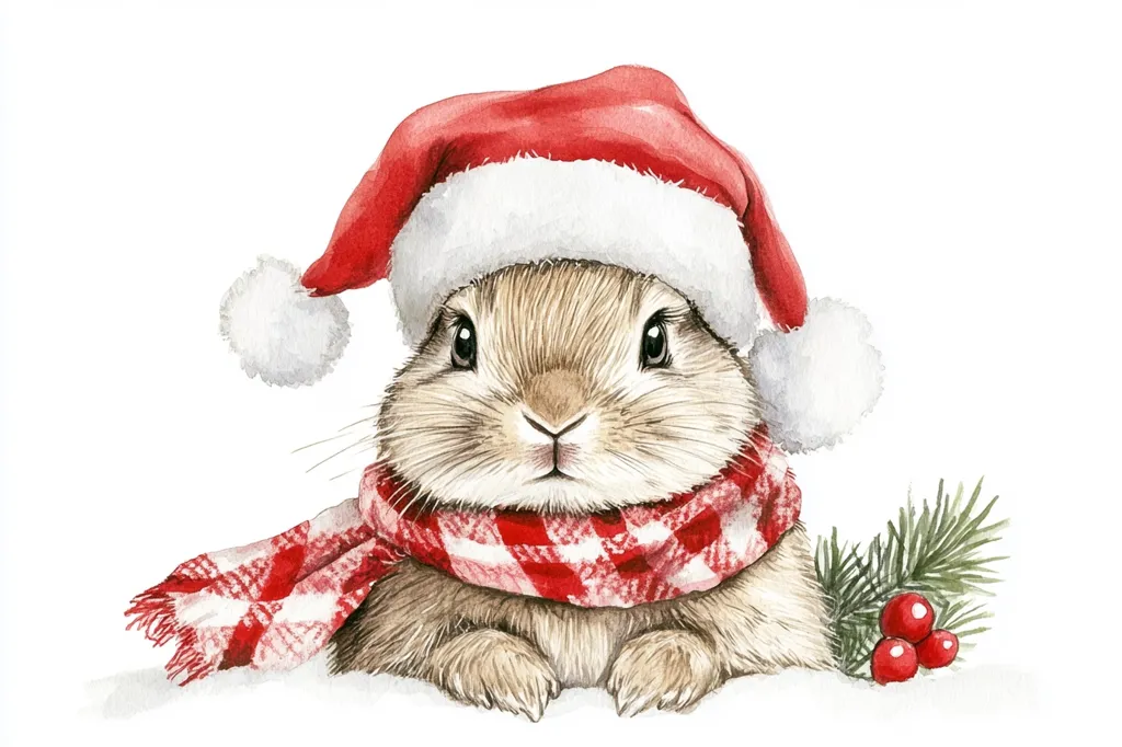 A cute, brown rabbit wearing a red Santa hat and a red and white plaid scarf is looking directly at the viewer. The rabbit is in a snowy scene with a pine branch and red berries to its right. The illustration is done in a watercolor style.