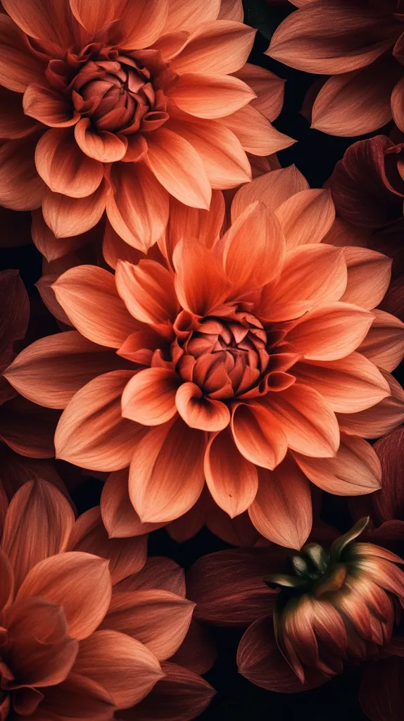 The image shows a close-up of a cluster of orange-hued flowers. The petals are delicate and soft, with a velvety texture. The flowers are arranged in a spiral, creating a sense of movement and energy. The background is dark, allowing the flowers to stand out. The image evokes a sense of beauty, tranquility, and natural wonder.