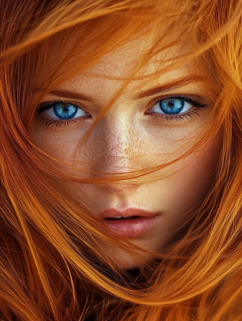 The image shows a close-up of a woman with long, flowing, red hair. Her bright blue eyes are visible as strands of hair cascade down her face, framing her delicate features. The lighting casts a warm glow on her skin, highlighting her freckles.  Her lips are slightly parted, hinting at a quiet expression. The overall feel of the image is soft and ethereal.