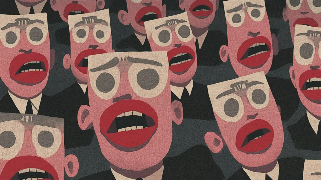 The image depicts a crowd of people with exaggerated features, all wearing dark suits and ties. Their faces are cartoonishly drawn, with large eyes, wide mouths, and prominent noses. The red lips of the people are the most noticeable feature, creating a sense of uniformity and perhaps, conformity. The dark background adds a sense of mystery and reinforces the feeling of being in a crowd. The image is a commentary on the nature of conformity and the pressures of societal expectations.