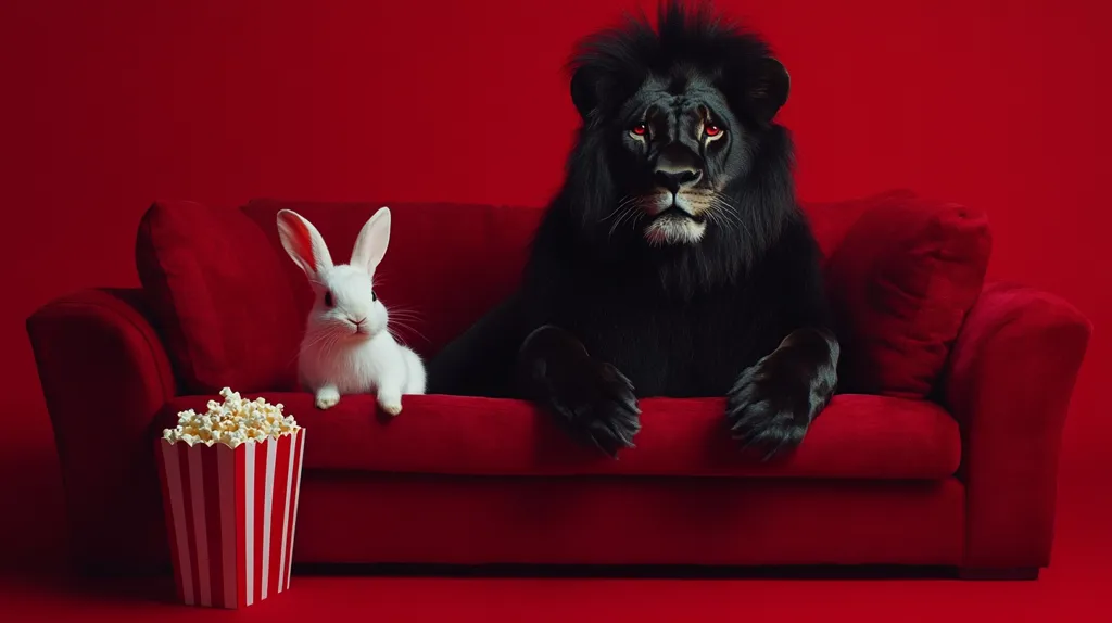 A black lion with red eyes sits on a red couch next to a white rabbit.  A red and white striped bucket of popcorn sits in front of them. The background is red. The lion and rabbit appear to be enjoying a movie together.  The image has a fun and playful feel.