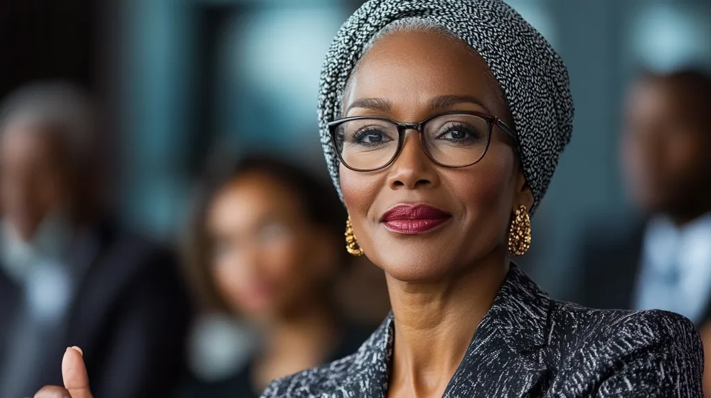 A woman with short, gray hair, wearing a gray patterned headscarf, black-rimmed glasses, large gold earrings, and a gray and black patterned jacket, smiles subtly. She is in a room with other people, but the focus is on her face. The background is blurred, highlighting the woman as the subject.