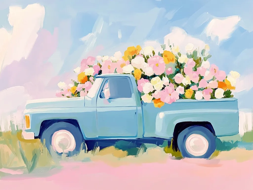 A light blue pickup truck is parked on a grassy field with a bed full of pink, white, and yellow flowers. The sky is a bright blue with fluffy white clouds. The painting has a whimsical, dreamy feel.