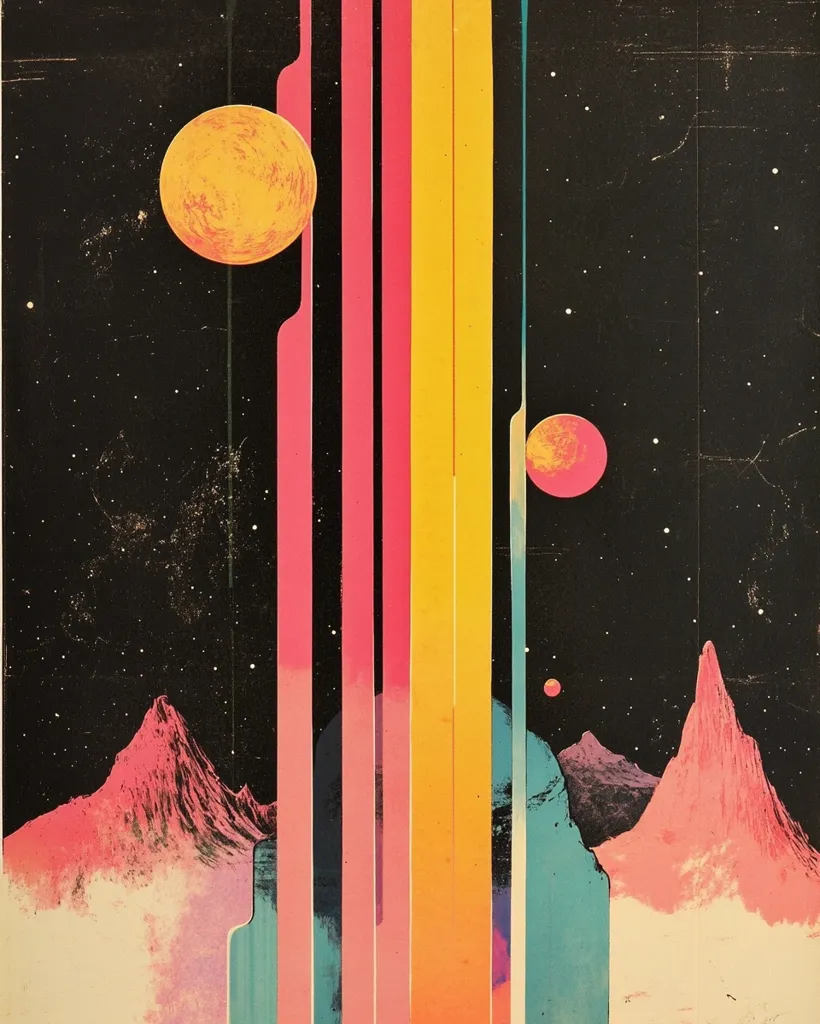 A vibrant, abstract artwork with a retro aesthetic. It features a central column of vertical stripes in pink, orange, and yellow against a black background dotted with stars. Two celestial bodies, one large and one small, appear in the night sky. Mountains in shades of pink and blue frame the lower portion of the image, adding a sense of depth and perspective. The overall effect is one of playful color and a sense of otherworldly wonder.