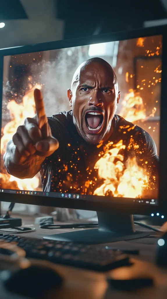 A close-up shot of a computer screen displaying a man with a determined look on his face, surrounded by flames. He is pointing his index finger at the viewer, with a powerful and intense expression. The flames are vibrant and engulf the background, creating a dramatic and energetic atmosphere. The image suggests a sense of action and excitement, capturing the man's fierce spirit.