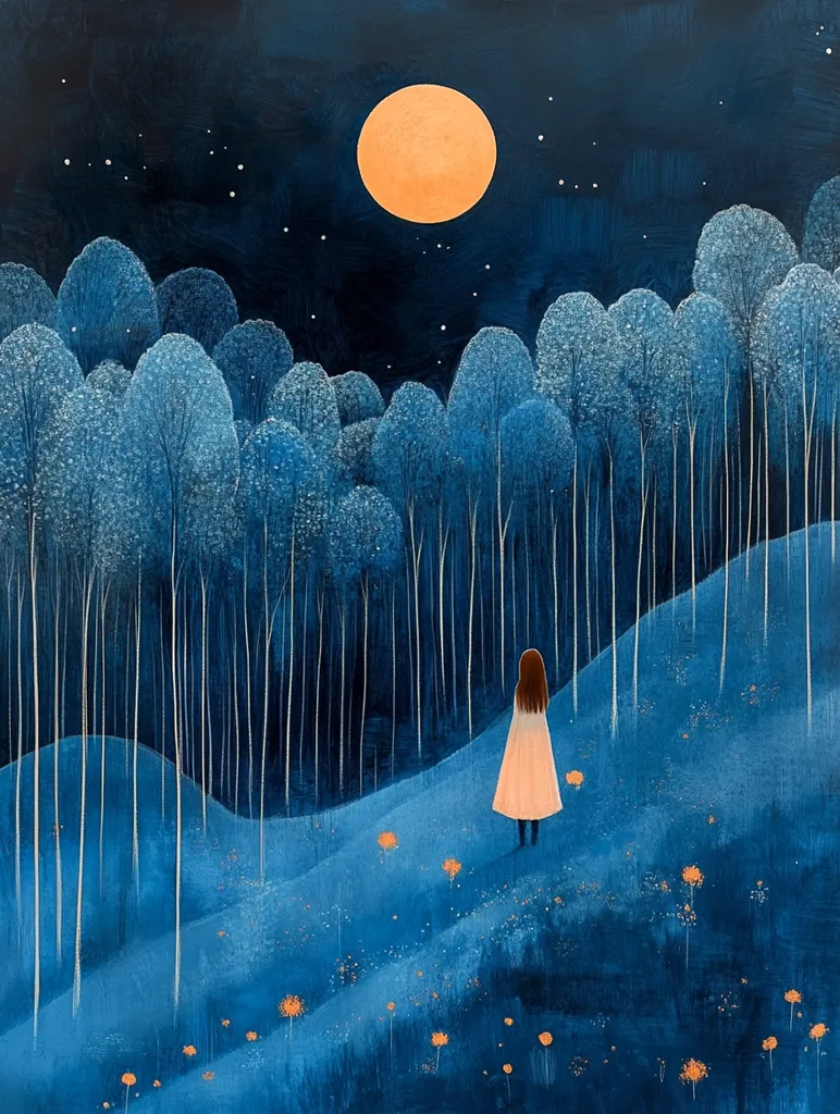 A lone figure in a peach dress stands in a moonlit forest, bathed in shades of blue. The full moon hangs high in the sky, casting a soft glow on the trees.  Tiny orange flowers dot the ground, adding a touch of warmth to the cool night scene. The air seems peaceful and still, inviting the viewer to step into this whimsical world.