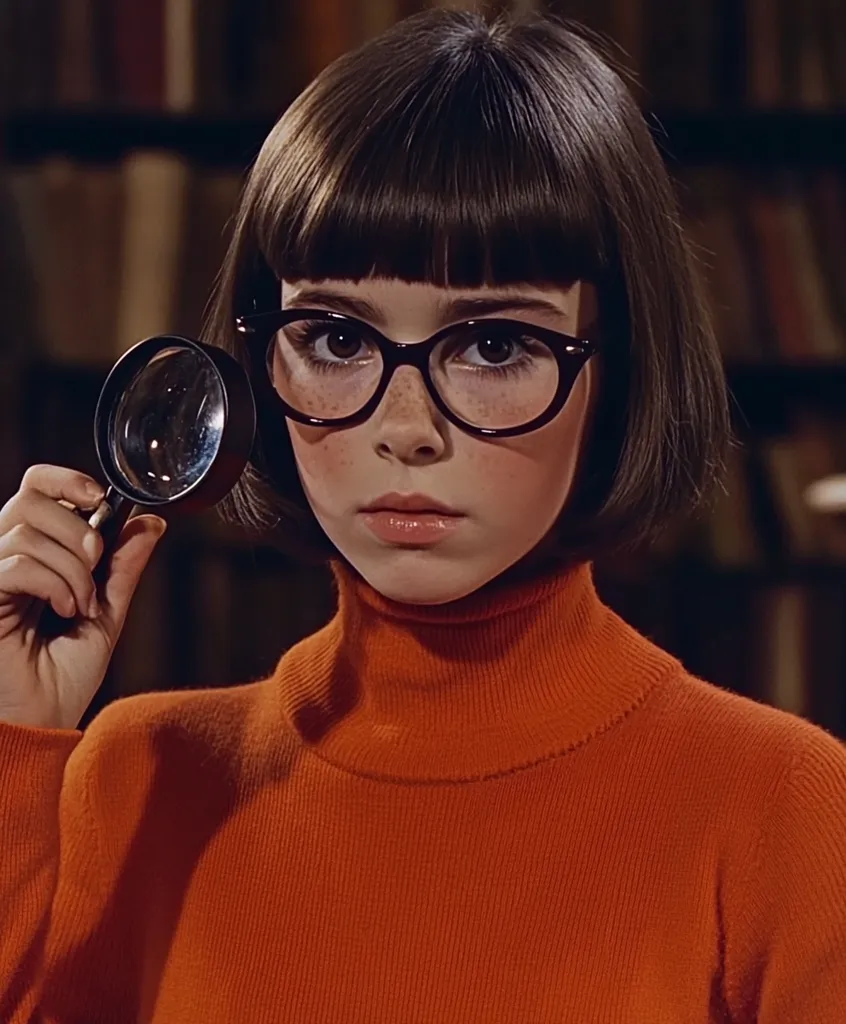 A young girl with short brown hair and a blunt fringe wears thick-rimmed glasses and a bright orange turtleneck sweater. She holds a magnifying glass in her right hand and stares intently at the camera with a serious expression. Her freckles are visible on her fair skin. The background is a blurred shot of a bookcase filled with colorful books.  She looks like a young detective.