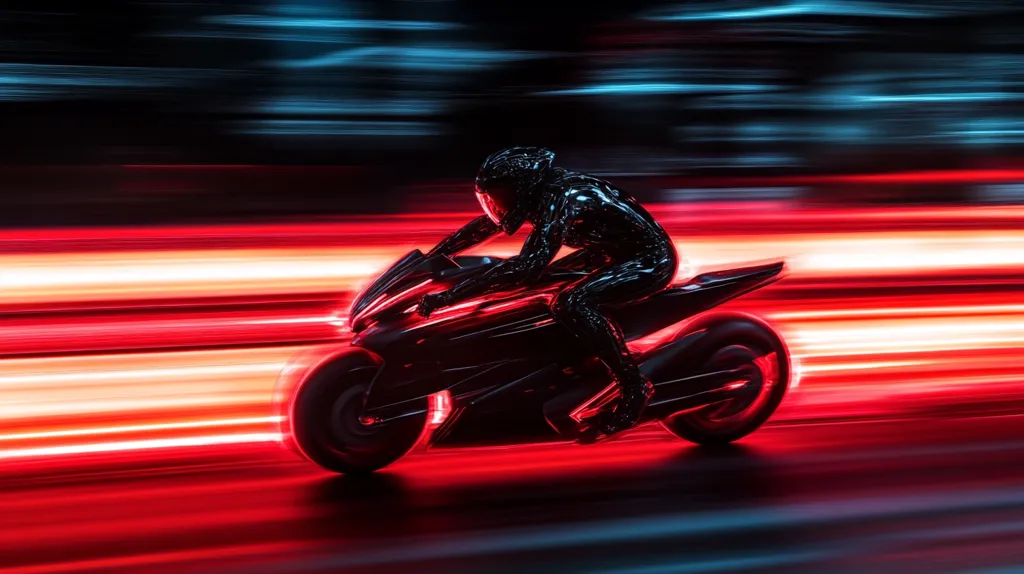 A motorcycle rider, clad in black, speeds through a city at night. The rider leans into the turn, as the motorcycle's headlights illuminate the road ahead. The blurred streaks of red and blue light behind them suggest a high rate of speed and motion.  The image has a futuristic, almost cyberpunk aesthetic.