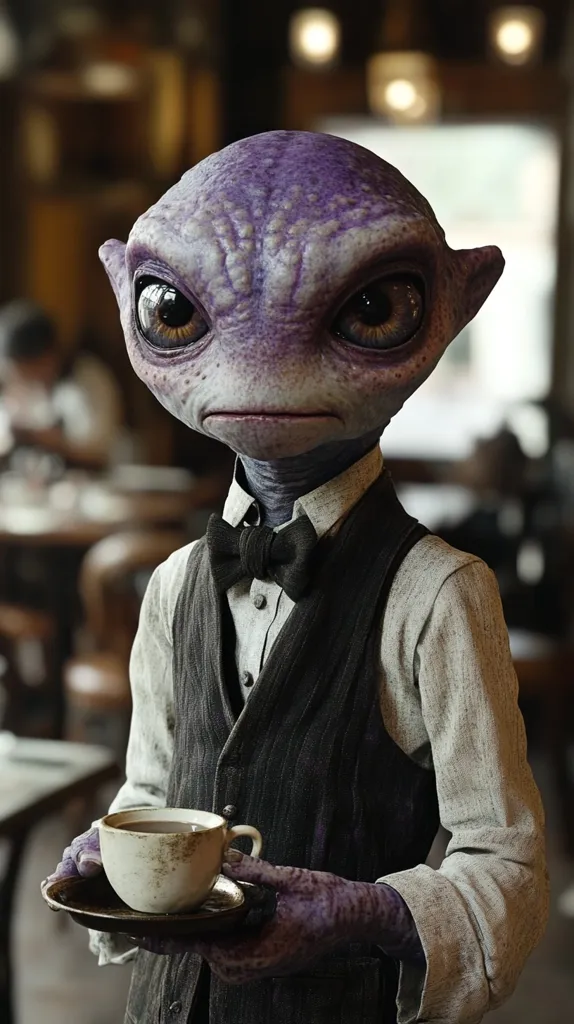 An alien with purple skin and large, dark eyes sits in a cafe, dressed in a crisp white shirt, a black vest, and a bow tie. He holds a cup of tea in his hand and stares intently at the camera, seemingly in deep thought. The cafe's warm lighting casts a soft glow on the scene, creating an intriguing and mysterious atmosphere.