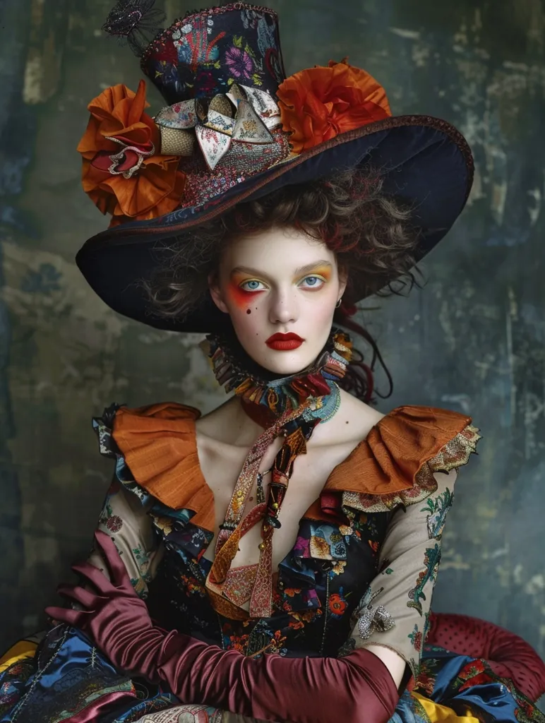 The image depicts a woman wearing a whimsical, colorful outfit. She is wearing a large, wide-brimmed hat adorned with flowers, a ruffled collar, and a patterned dress with long, maroon gloves. Her makeup is dramatic, with bold red lips and bright eyeshadow. She has a mischievous glint in her eye, suggesting a playful personality. The overall mood is one of extravagance and theatrical flair. The background is a muted, textured wall, providing a simple contrast to her vibrant attire.  The photograph's composition highlights the woman's striking features and the intricate details of her costume.  The focus on her face suggests a portrait that captures her unique persona.