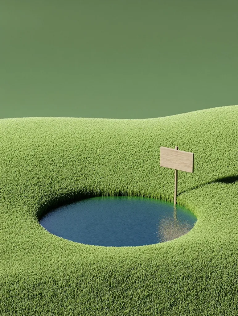 A small, circular pond sits in the center of a grassy hill. The pond is surrounded by lush, green grass and a small, wooden sign stands upright next to it. The background is a solid green color, creating a simple and serene scene. The image suggests tranquility and nature.