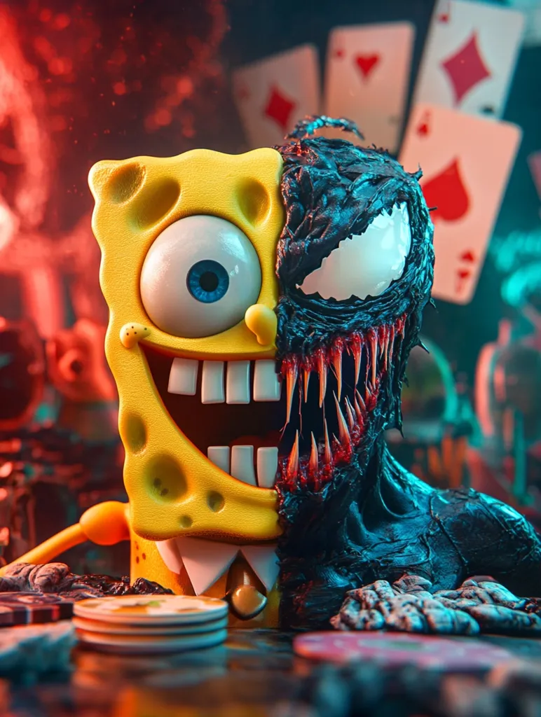 A 3D rendering of a character that is half Spongebob Squarepants and half Venom. The Spongebob side is yellow and has a big toothy grin. The Venom side is black and has sharp teeth and a sinister expression. They are sitting on a table with playing cards behind them. The image is brightly lit and has a cartoonish style.