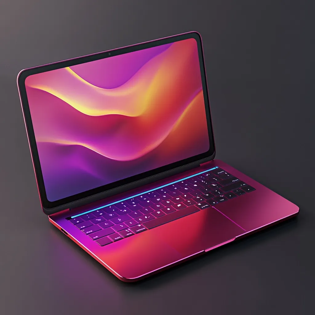 A pink and purple laptop with a glowing screen displaying an abstract design of swirling colors. The keyboard is black with white lettering, and the laptop is sitting on a dark surface. The image has a futuristic and stylish aesthetic.